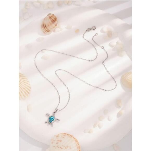 Turtle Necklace Earrings Set for Women Silver Opal Pendant Jewelry Fashion Pink - Picture 3 of 4